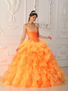 Elegant Orange Red Sweet 16 Dress Sweetheart Organza Beading and Ruch Ball Gown