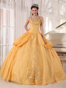 Exquisite Gold Sweet 16 Dress Spaghetti Straps Taffeta and Organza Appliques Ball Gown