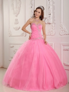 Lovely Rose Pink Sweet 16 Dress Sweetheart Tulle Appliques Ball Gown
