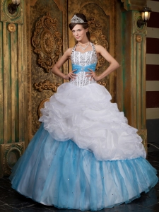 Lovely White and Baby Blue Sweet 16 Dress Halter Beading / Princess