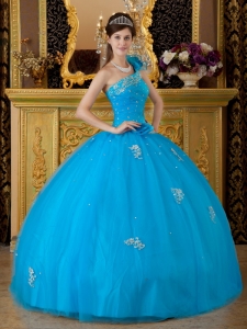 Low Price Sweet 16 Dress Teal One Shoulder Tulle Appliques Ball Gown