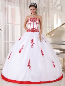 Pretty White Sweet 16 Dress Strapless Satin and Organza Appliques Ball Gown
