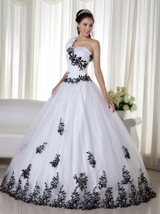 White One Shoulder Floor-length Taffeta and Organza Embroidery Sweet 16 Dress