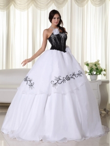 White Ball Gown Strapless Floor-length Organza Embroidery Sweet 16 Dress