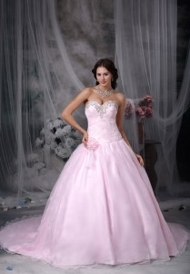 Baby Pink Hand Made Flowers and Ruched Beading Bodice Court Train Sweet 16