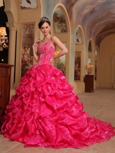 Beautiful Hot Pink Sweet 16 Dress Spaghetti Straps Organza Embroidery Ball Gown