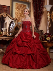 Beautiful Wine Red Sweet 16 Dress Strapless Taffeta Beading Ball Gown