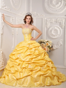 Brand New Yellow Sweet 16 Dress Strapless Court Train Taffeta Appliques and Beading Ball Gown
