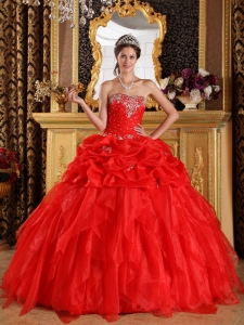Cheap Red Sweet 16 Dress Sweetheart Organza Appliques with Beading Ball Gown