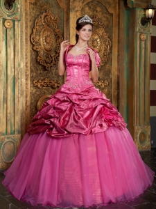 Classical Hot Pink Sweet 16 Dress Sweetheart Taffeta and Organza Appliques Ball Gown