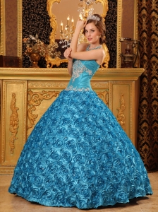 Classical Sky Blue Sweet 16 Dress Sweetheart Fabric With Rolling Flowers Appliques Ball Gown