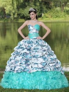 Colorful Printing and Organza Beaded Decorate Waist Pick-ups and Ruffles Brush Train Lovely Style For 2013 Sweet 16 Dress