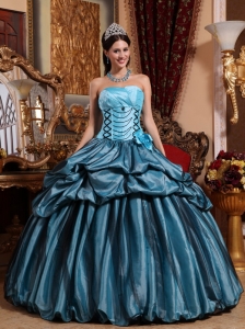 Cute Blue Sweet 16 Dress Strapless Taffeta Hand Made Flower Ball Gown