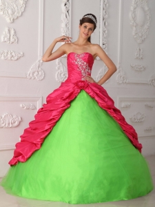 Cute Spring Green and Hot Pink Sweet 16 Dress Sweetheart Taffeta Appliques and Ruch Ball Gown
