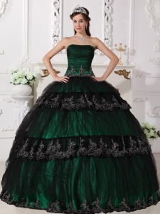 Dark Green Sweet 16 Dress Strapless Taffeta and Tulle Appliques Ball Gown