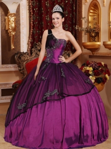 Discount Purple Sweet 16 Dress One Shoulder Taffeta and Organza Beading and Appliques Ball Gown