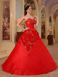 Exclusive Red Sweet 16 Dress Sweetheart Organza Handle Flowers Ball Gown