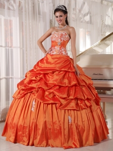 Inexpensive Orange Sweet 16 Dress Sweetheart Taffeta Appliques and Ruch Ball Gown