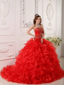 Informal Red Sweet 16 Dress Strapless Organza Ruffles and Embroidery Ball Gown