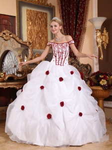 Low Price White Sweet 16 Dress Off The Shoulder Taffeta and Organza Embroidery Ball Gown