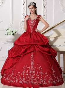 Modest Wine Red Sweet 16 Dress Straps Floor-length Taffeta Embroidery Ball Gown