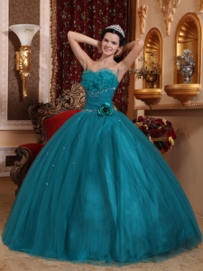 Pretty Teal Sweet 16 Quinceanera Dress Sweetheart Tulle Beading Ball Gown