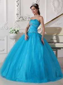 Romantic Teal Sweet 16 Dress Strapless Tulle Beading and Ruch Ball Gown