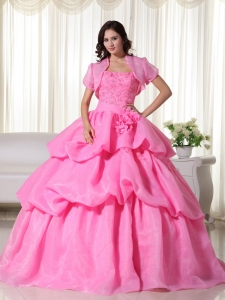 Rose Pink Ball Gown Strapless Floor-length Organza Hand Flowers Sweet 16 Dress