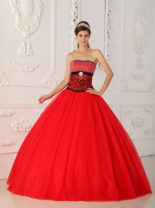 Sexy Red Sweet 16 Dress Strapless Tulle and Zebra Beading / Princess