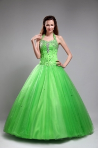 Tulle Beading Sweet 16 Quinceanera Dress 2013 Halter Design Spring Green