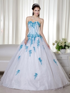 White Ball Gown Sweetheart Floor-length Taffeta and Organza Appliques Sweet 16 Dress