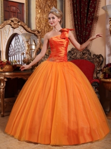 Beautiful Orange Sweet 16 Dress One Shoulder Tulle Beading Ball Gown