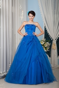 Beautiful Royal Blue 15 Sweet 16 Dress / Princess Strapless Tulle Beading Floor-length