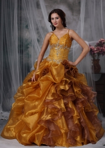 Brown Ball Gown Straps Floor-length Organza Beading Sweet 16 Quinceanera Dress