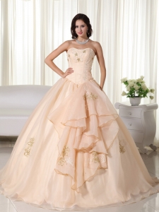 Champagne Ball Gown Strapless Floor-length Organza Embroidery Sweet 16 Dress