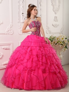 Cheap Hot Pink Sweet 16 Quinceanera Dress Sweetheart Organza Beading Ball Gown