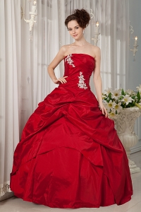 Custom Made Wine Red Ball Gown Sweet 16 Dress Strapless Taffeta Appliques Floor-length