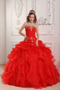 Elegant Red Sweet 16 Dress Strapless Organza Beading And Ruffles Ball Gown