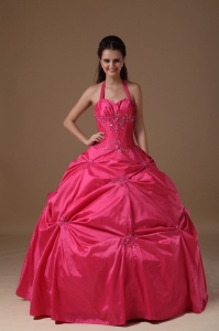 Exclusive Hot Pink Ball Gown Halter Sweet 16 Dress Taffeta Beading Floor-length