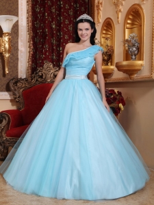 Fashionable Light Blue Sweet 16 Dress One Shoulder Tulle Ruch