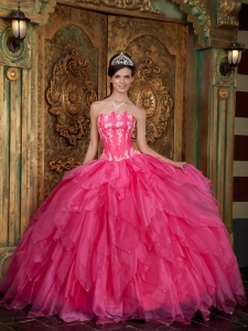 Gorgeous Hot Pink Sweet 16 Dress Strapless Appliques Organza Ball Gown