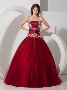 Impression Wine Red Sweet 16 Dress Strapless Satin and Tulle Appliques and Beading