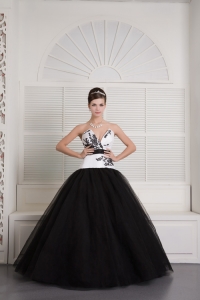 Modest Black and White Ball Gown V-neck Sweet 16 Dress Tulle Embroidery Floor-length
