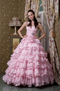 New Baby Pink One Shoulder 15 Quinceanea Dress Elastic Woven Satin Beading Ruffled Layers Floor-length