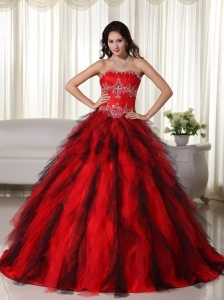 Red Ball Gown Strapless Floor-length Floor-length Taffeta Appliques Sweet 16 Dress