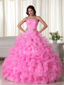 Rose Pink Ball Gown Strapless Floor-length Organza Appliques Sweet 16 Dress