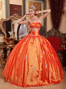Simple Orange Red Sweet 16 Dress Strapless Taffeta Appliques Ball Gown