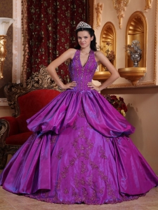 Simple Purple Sweet 16 Quinceanera Dress Halter Taffeta Appliques Ball Gown