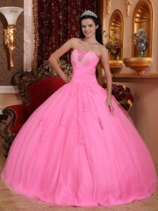 Wonderful Rose Pink Sweet 16 Dress Strapless Tulle Beading Ball Gown