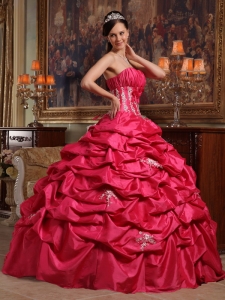 Affordable Coral Red Sweet 16 Dress Strapless Appliques Taffeta Ball Gown